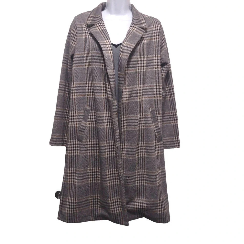 Melloday Houndstooth Plaid Print Long Trench Coat